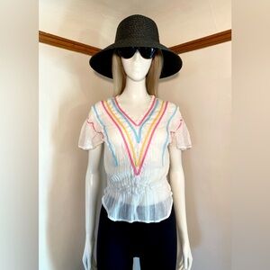 Sheer White Blouse w/ multi-color trim - Sz S